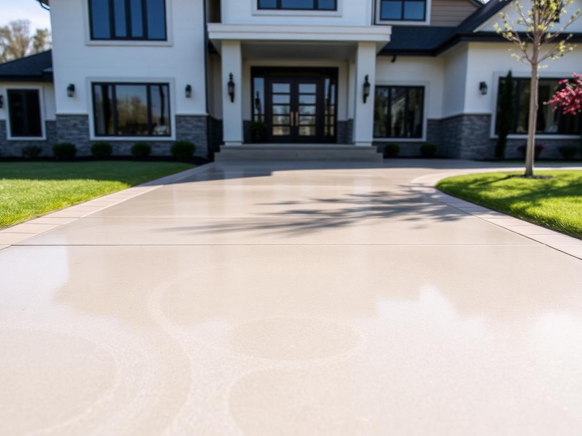 Sealed concrete driveway in front of a modern home