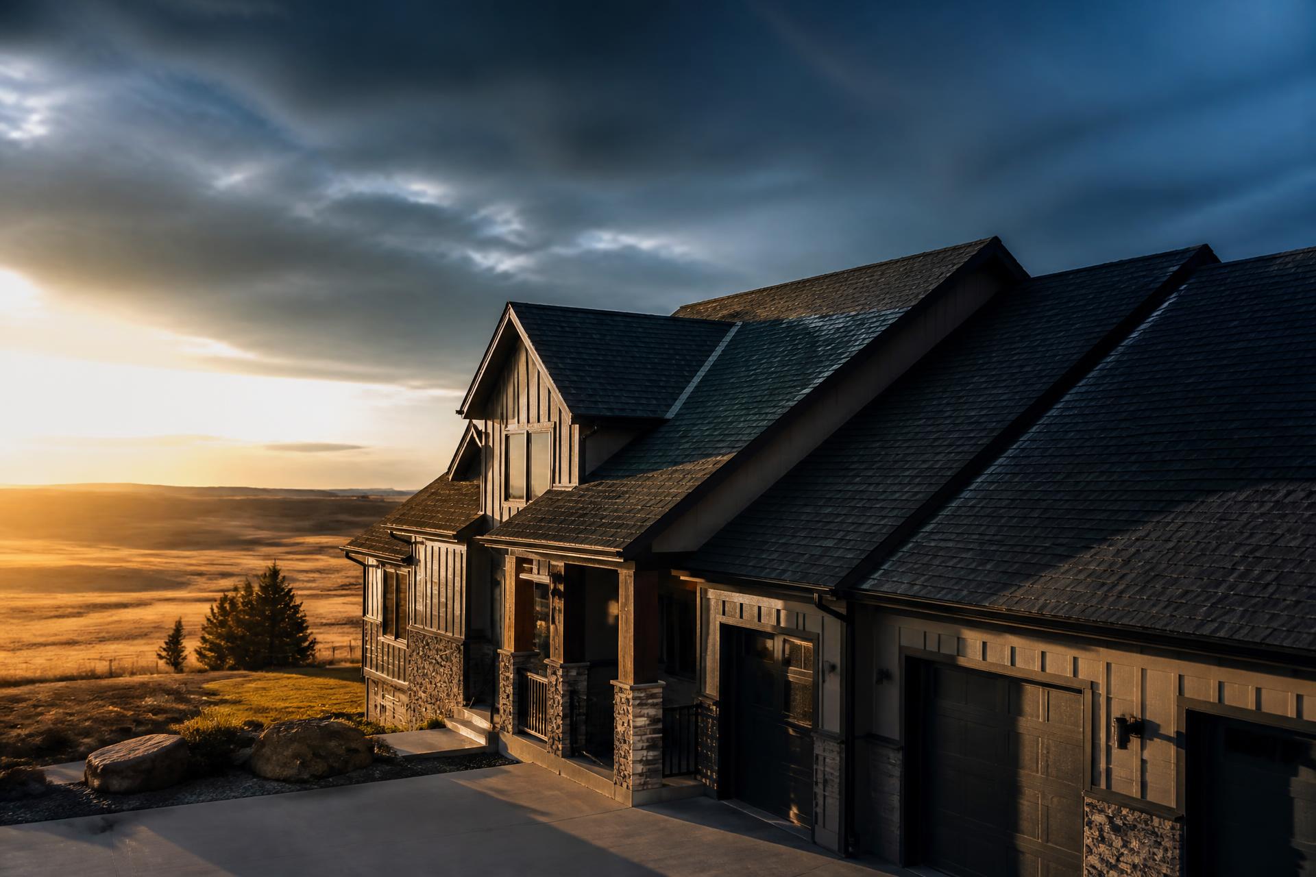 Freshly coated shingle roof on an Alberta home at sunset