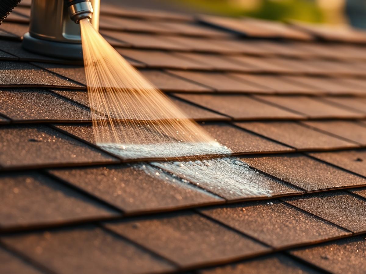 Nano coating being applied to an asphalt shingle roof