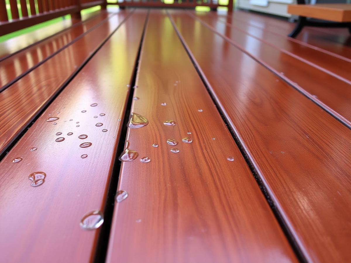 Water beading on a freshly protected wooden deck